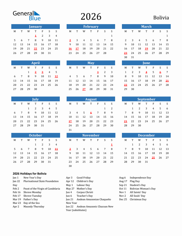 Bolivia 2026 Calendar with Holidays