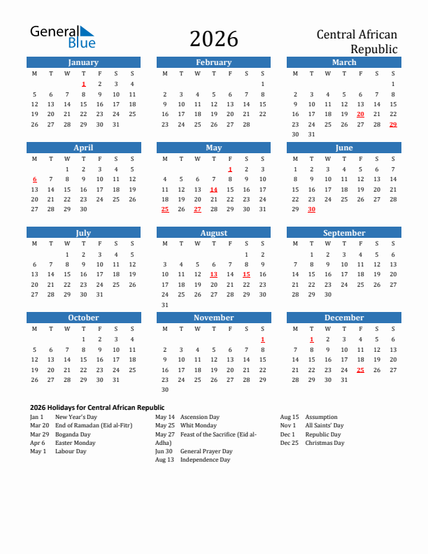 Central African Republic 2026 Calendar with Holidays