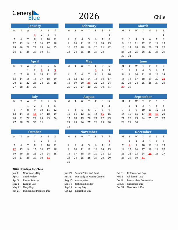 Chile 2026 Calendar with Holidays