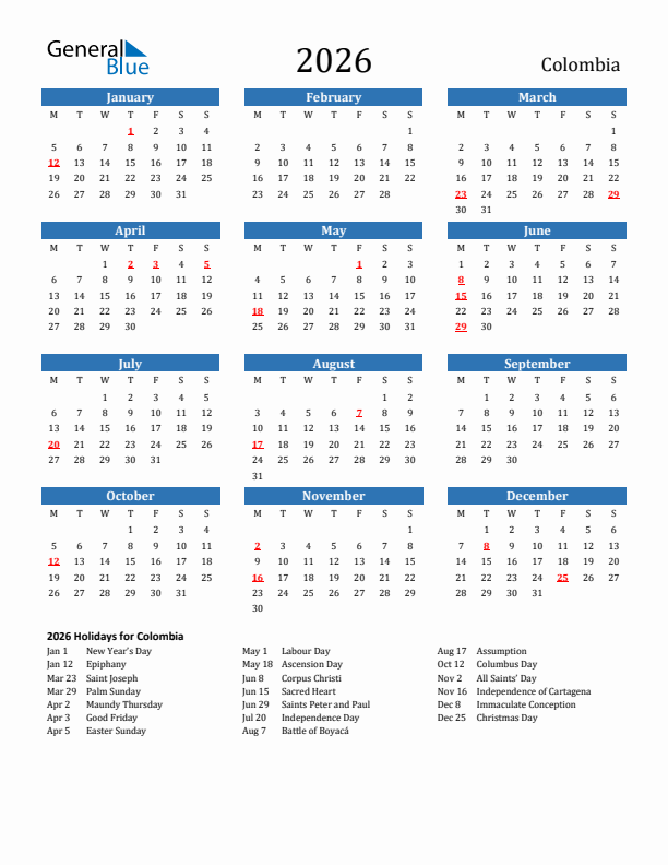 Colombia 2026 Calendar with Holidays