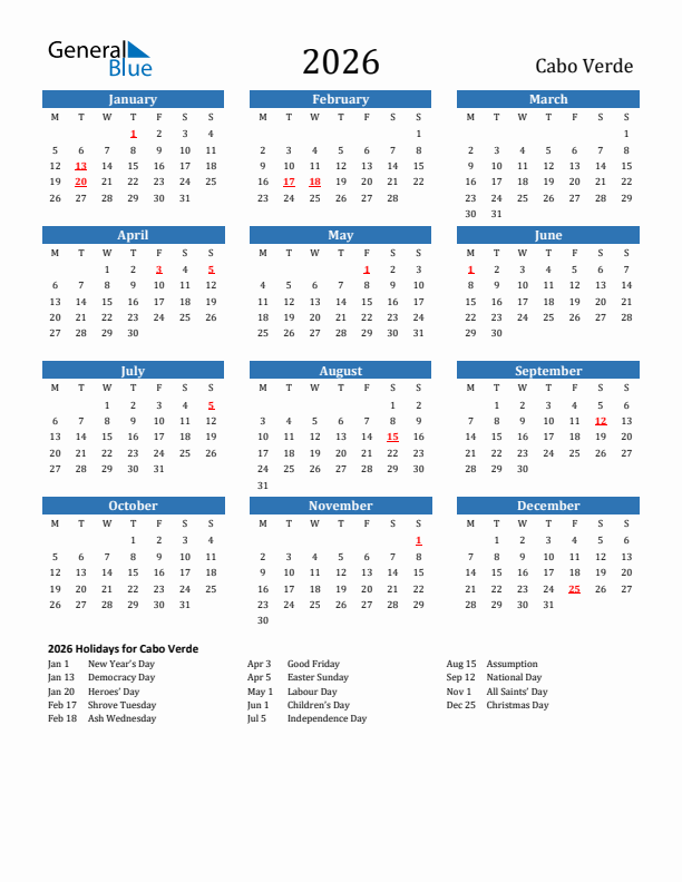 Cabo Verde 2026 Calendar with Holidays