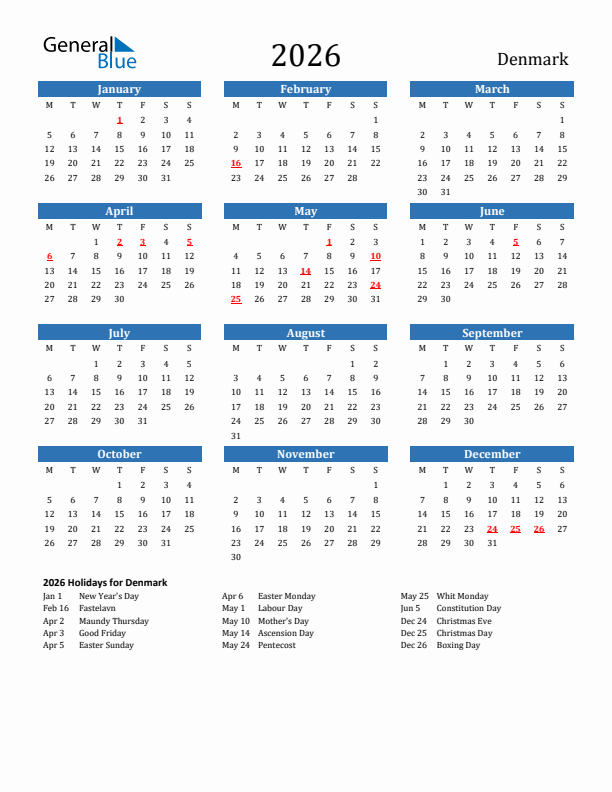 Denmark 2026 Calendar with Holidays