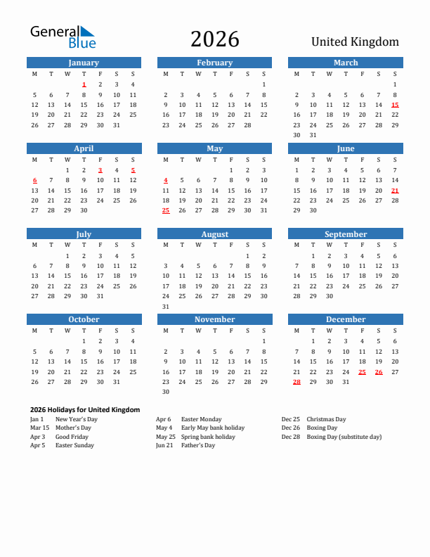 United Kingdom 2026 Calendar with Holidays