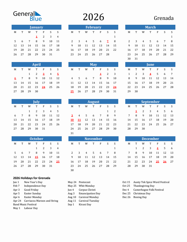 Grenada 2026 Calendar with Holidays