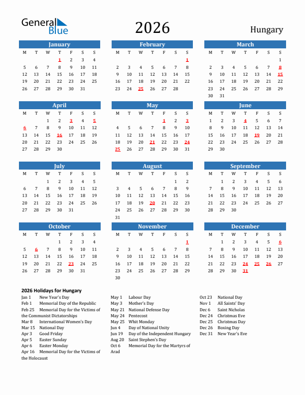 Hungary 2026 Calendar with Holidays