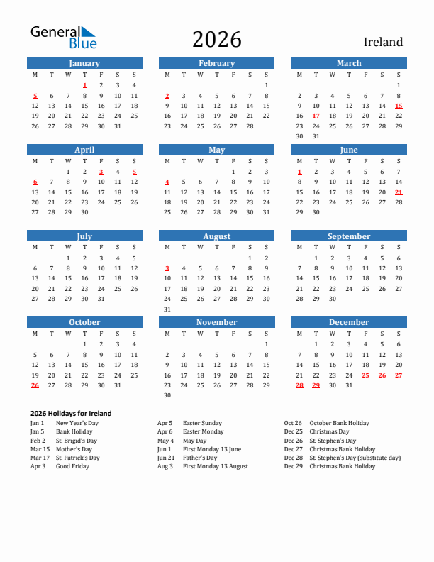 Ireland 2026 Calendar with Holidays