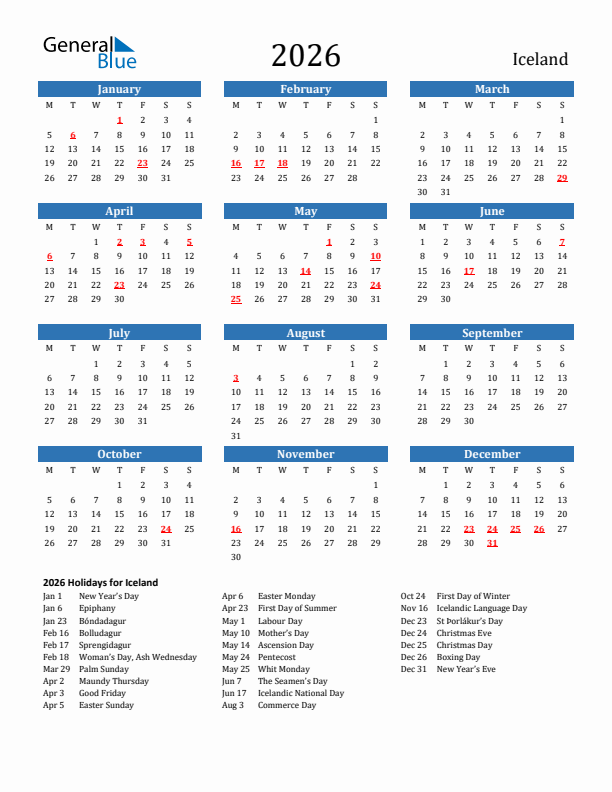 Iceland 2026 Calendar with Holidays