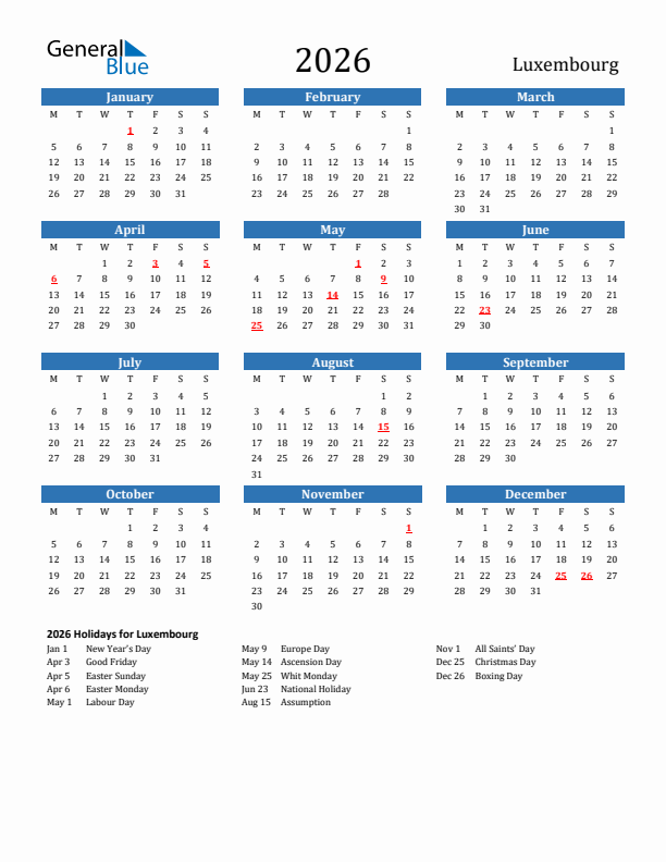 Luxembourg 2026 Calendar with Holidays