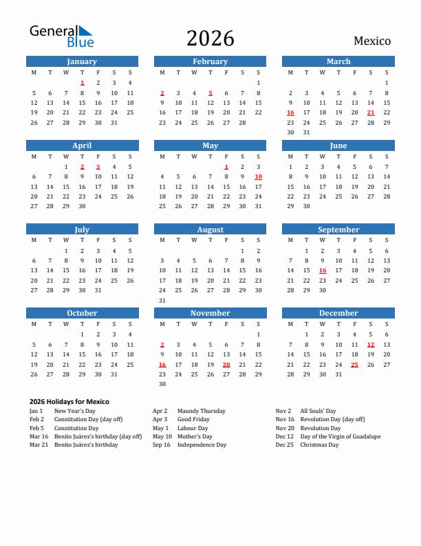 Mexico 2026 Calendar with Holidays