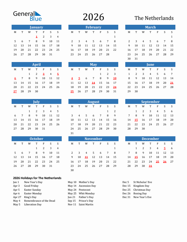 The Netherlands 2026 Calendar with Holidays