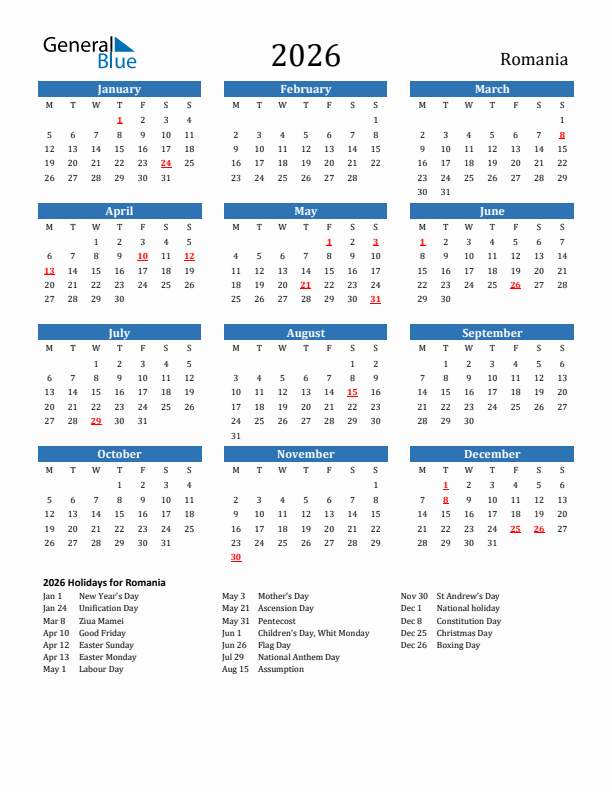 Romania 2026 Calendar with Holidays