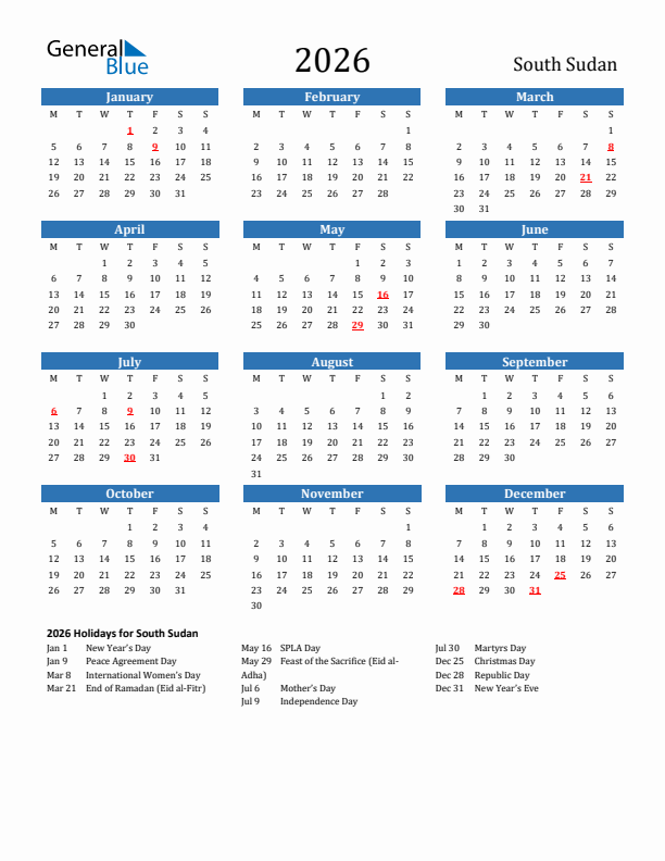 South Sudan 2026 Calendar with Holidays