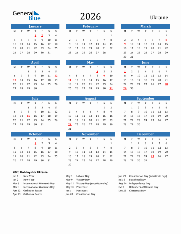 Ukraine 2026 Calendar with Holidays