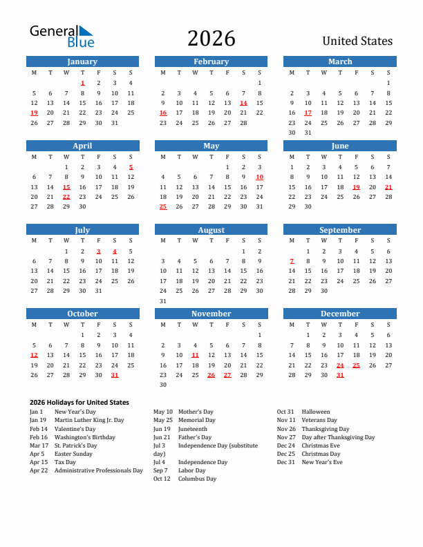 United States 2026 Calendar with Holidays