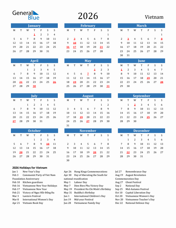 Vietnam 2026 Calendar with Holidays