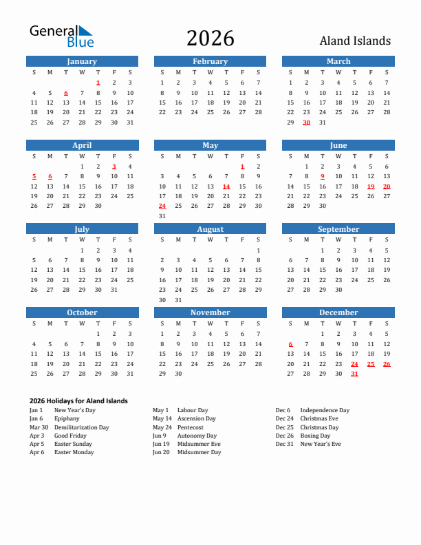 Aland Islands 2026 Calendar with Holidays