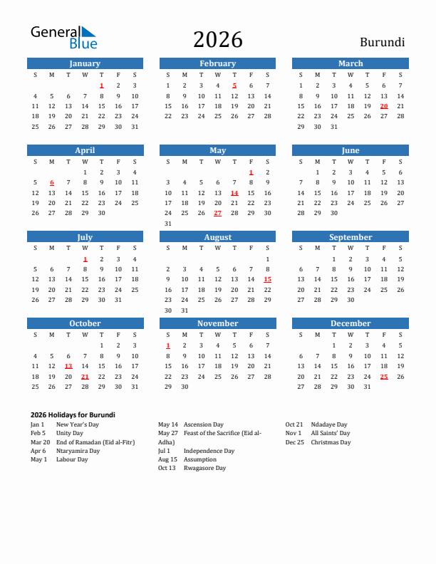 Burundi 2026 Calendar with Holidays