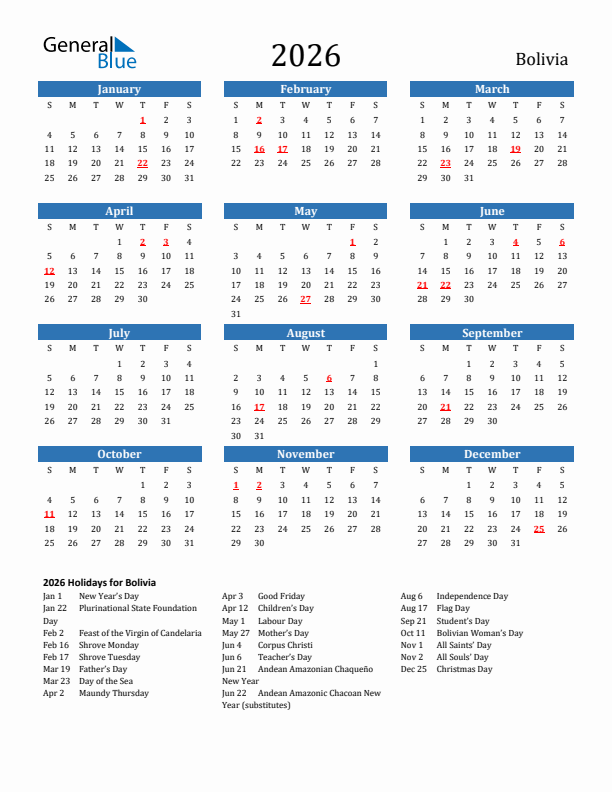 Bolivia 2026 Calendar with Holidays