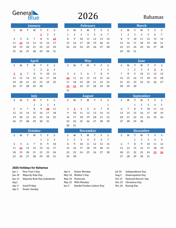 Bahamas 2026 Calendar with Holidays