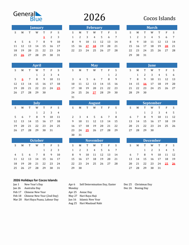 Cocos Islands 2026 Calendar with Holidays