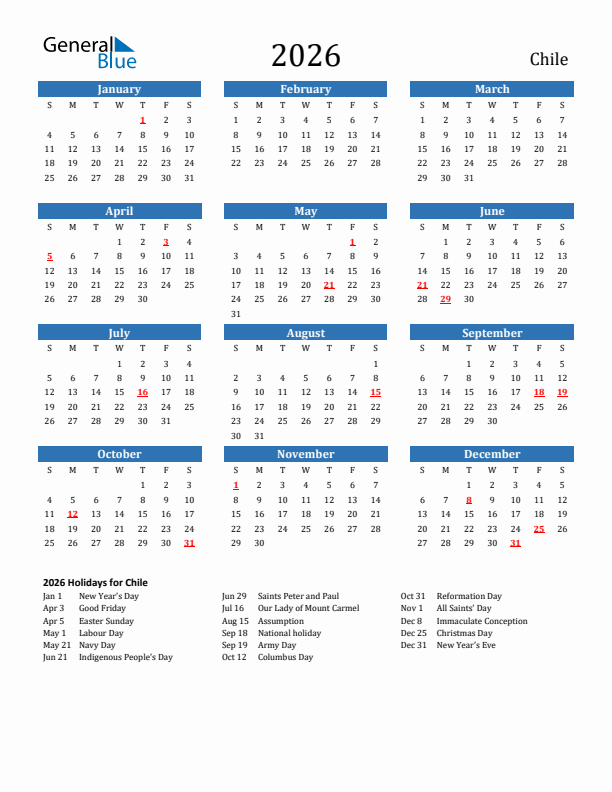 Chile 2026 Calendar with Holidays