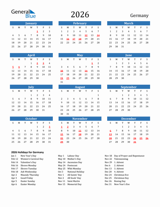 Germany 2026 Calendar with Holidays