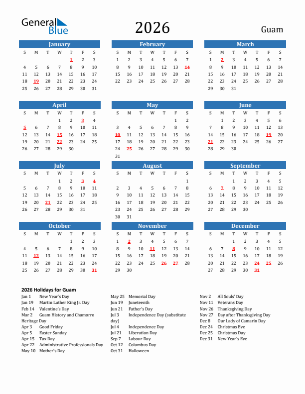 Guam 2026 Calendar with Holidays