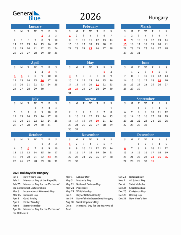 Hungary 2026 Calendar with Holidays