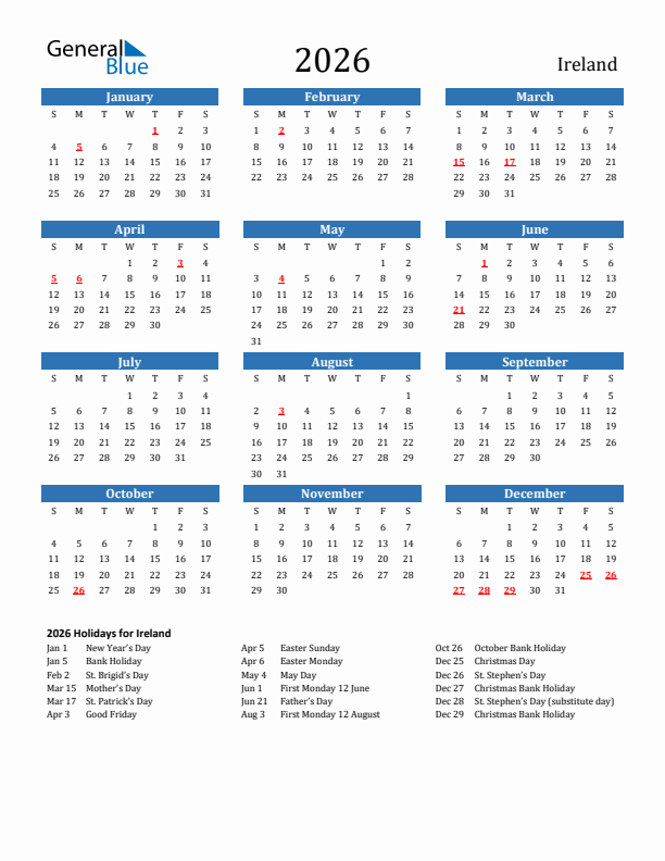 Ireland 2026 Calendar with Holidays