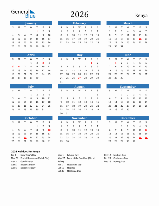 Kenya 2026 Calendar with Holidays