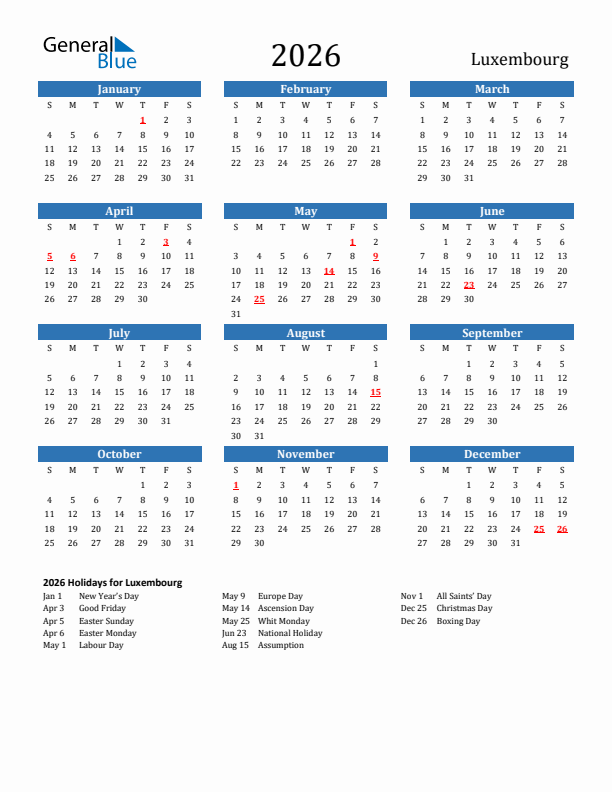 Luxembourg 2026 Calendar with Holidays