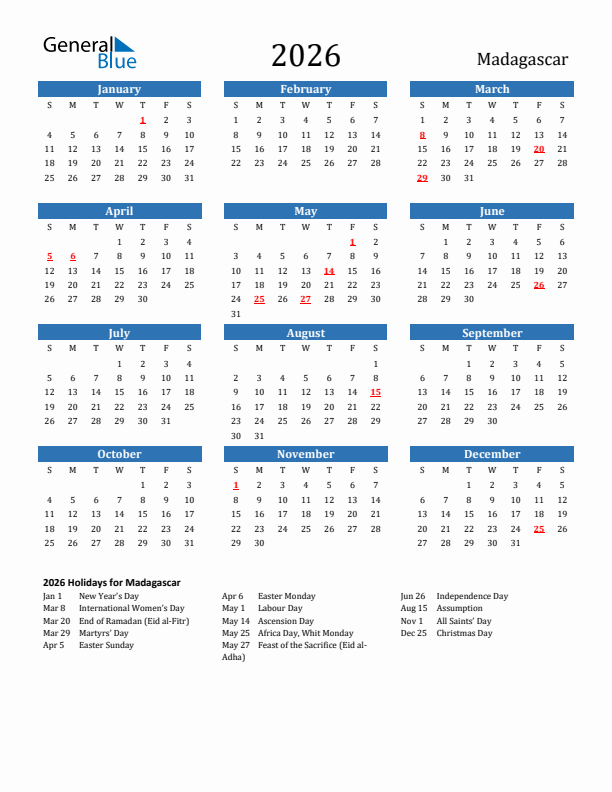 Madagascar 2026 Calendar with Holidays