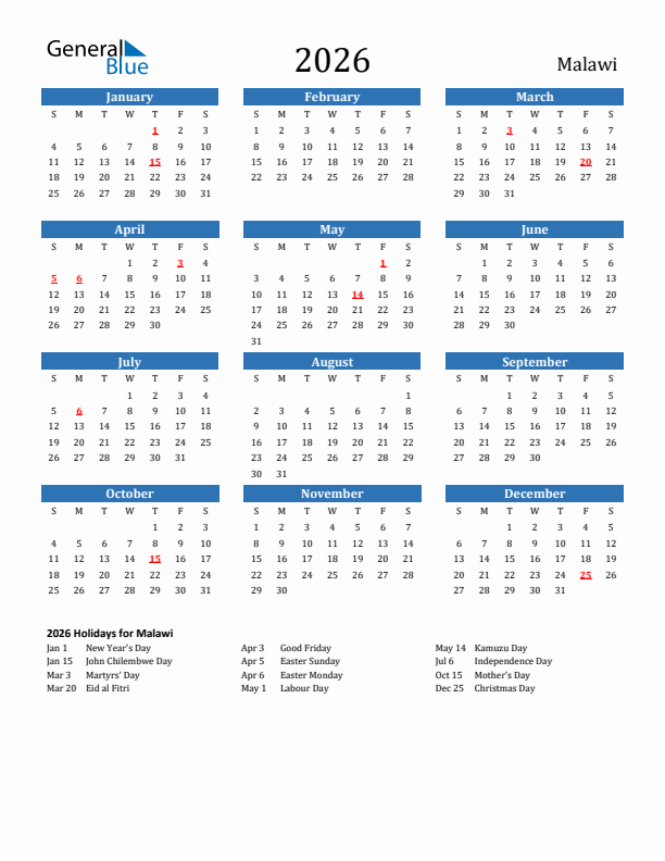 Malawi 2026 Calendar with Holidays