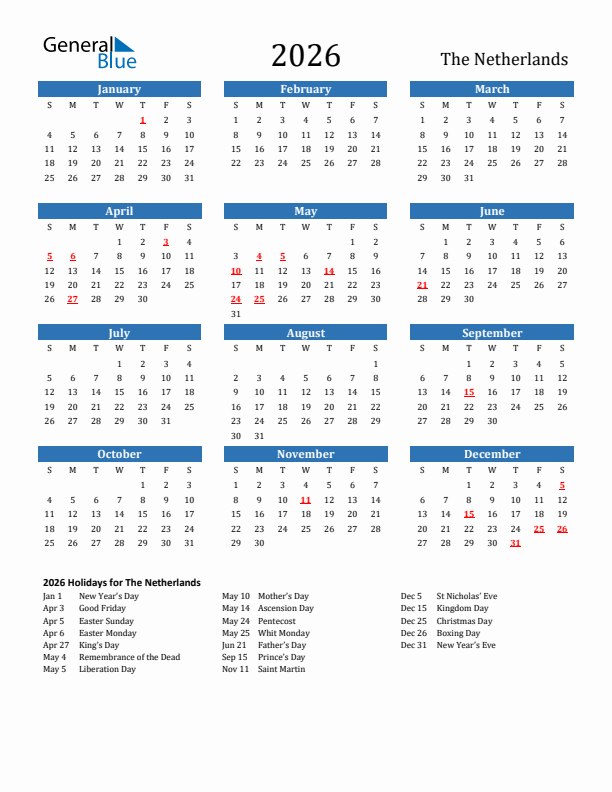 The Netherlands 2026 Calendar with Holidays