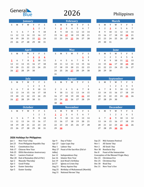 Philippines 2026 Calendar with Holidays