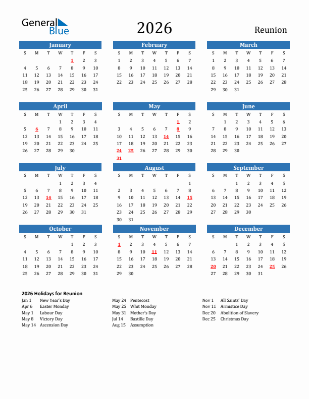 Reunion 2026 Calendar with Holidays