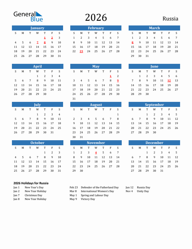 Russia 2026 Calendar with Holidays