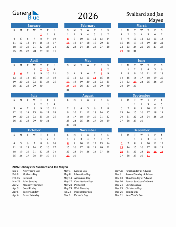 Svalbard and Jan Mayen 2026 Calendar with Holidays