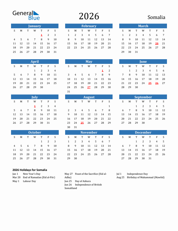 Somalia 2026 Calendar with Holidays