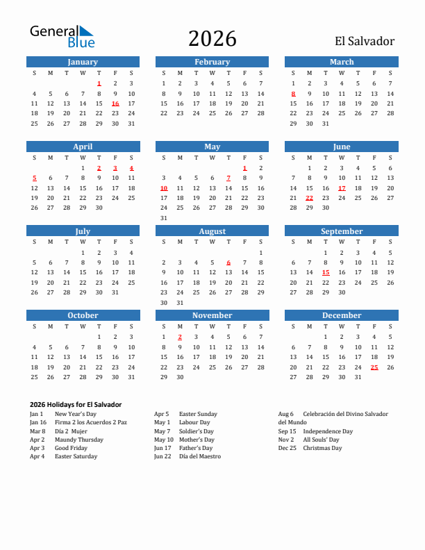 El Salvador 2026 Calendar with Holidays