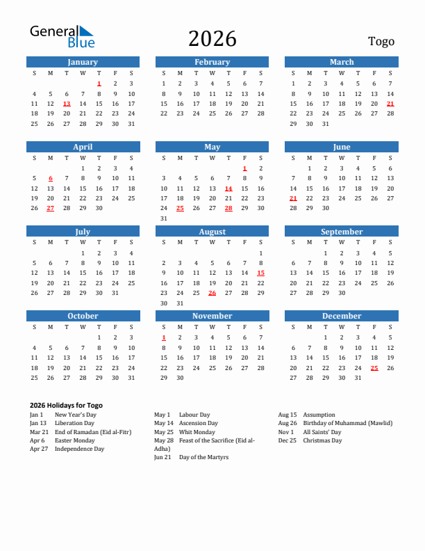 Togo 2026 Calendar with Holidays