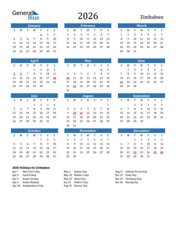 Zimbabwe 2026 Calendar with Holidays