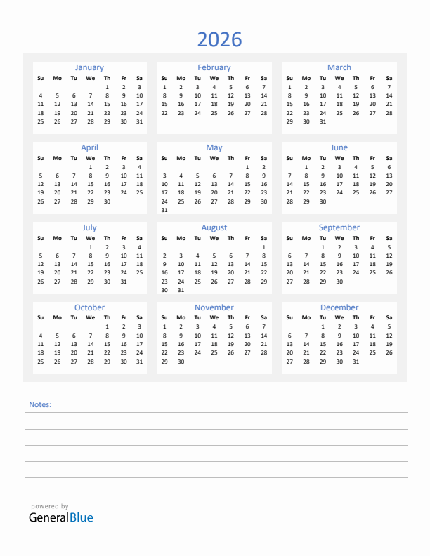 2026 Yearly Calendar Template with Notes Section (PDF Excel Word)