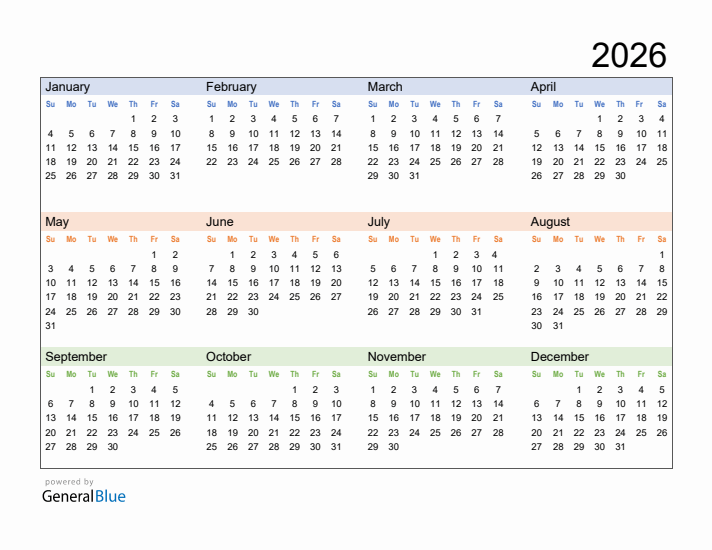 Free Downloadable 2026 Yearly Calendar Template 