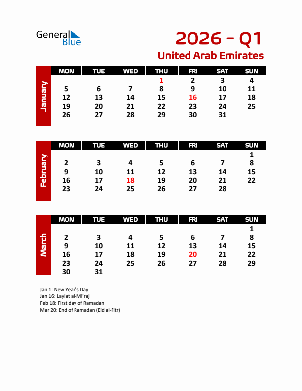 Q1 2026 Calendar with Holidays in United Arab Emirates