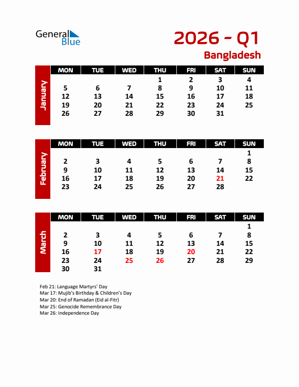 Q1 2026 Calendar with Holidays in Bangladesh