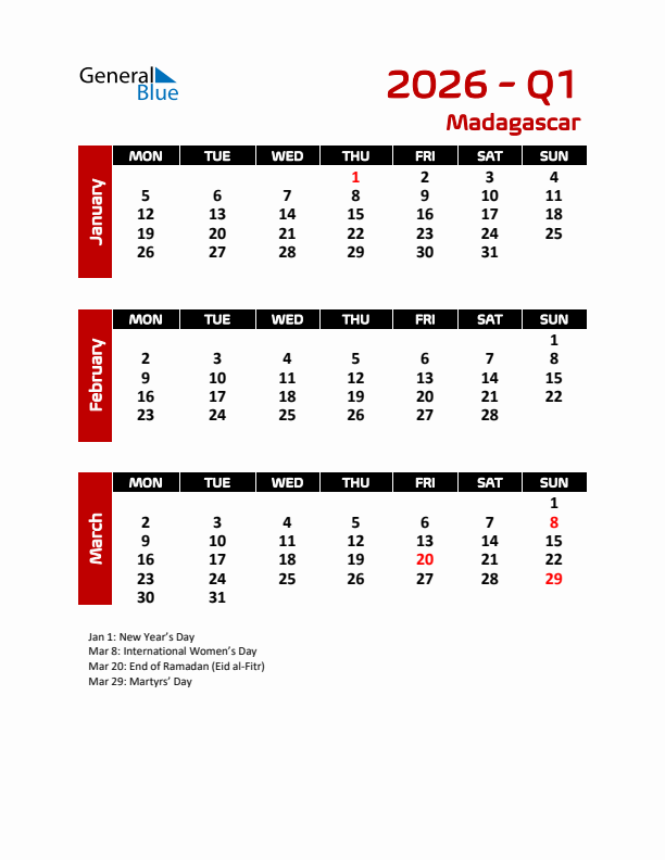 Q1 2026 Calendar with Holidays in Madagascar