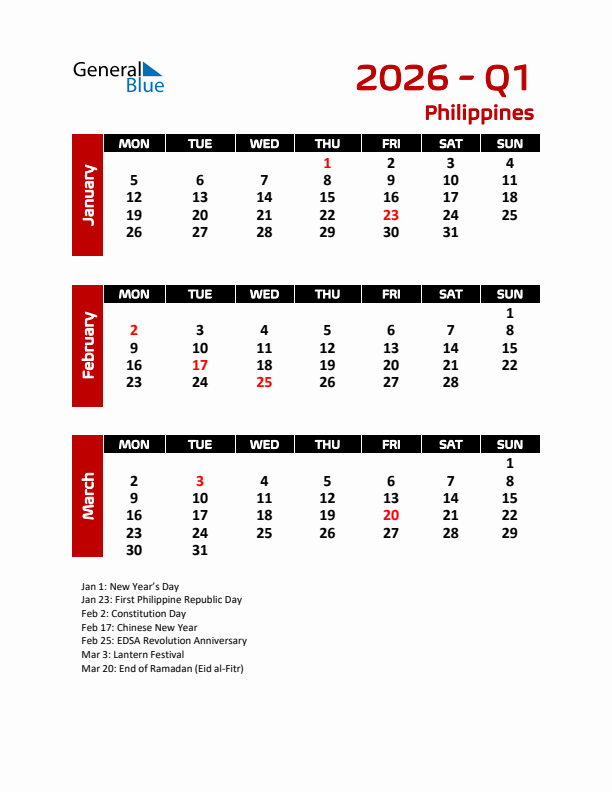 Q1 2026 Calendar with Holidays in Philippines