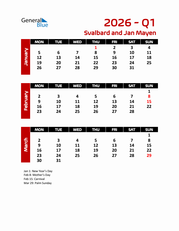 Q1 2026 Calendar with Holidays in Svalbard and Jan Mayen