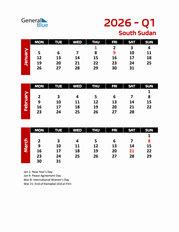 Q1 2026 Calendar with Holidays in South Sudan